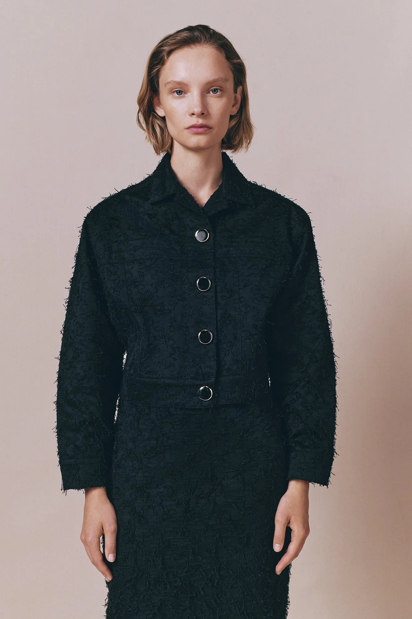 Black Cotton Jacket With Textured Finish and Round Buttons - Image 8