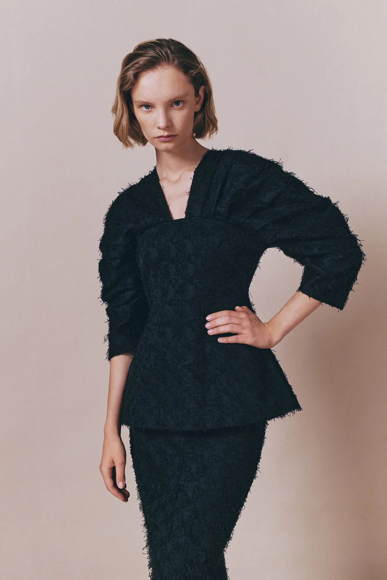 Black Textured Top With Structured Sleeves - Image 10