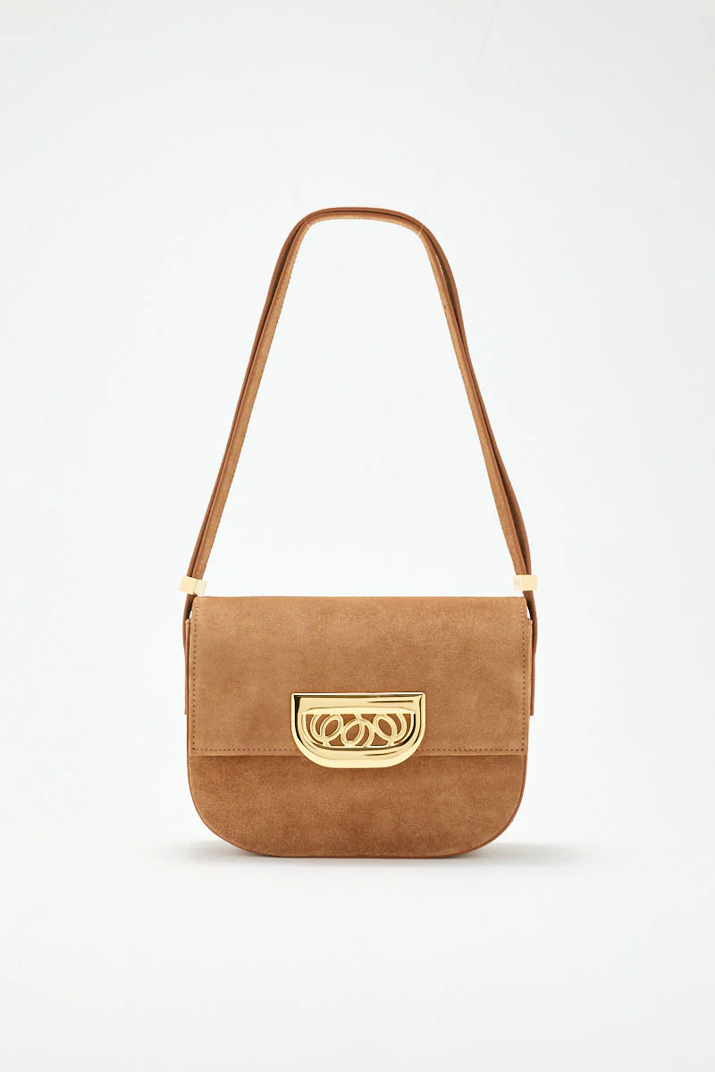 Brown Suede Crossbody Bag With Golden Clasp - Image 5