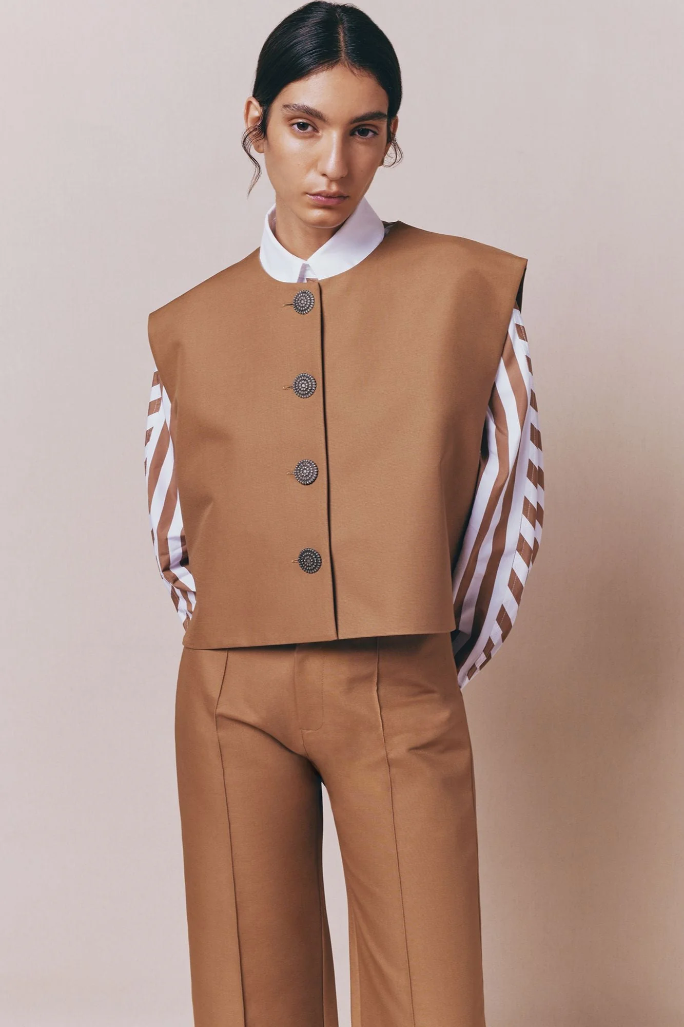 Camel Cotton Vest With Front Button Closure - Image 3