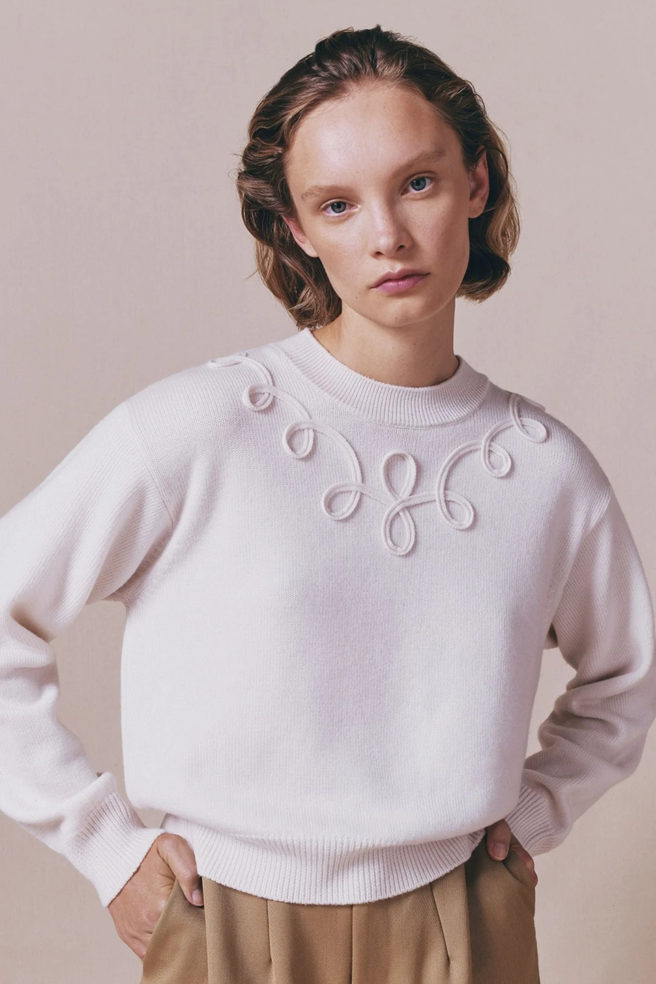 Ecru Merino Wool Sweater With Embroidered Details - Image 5