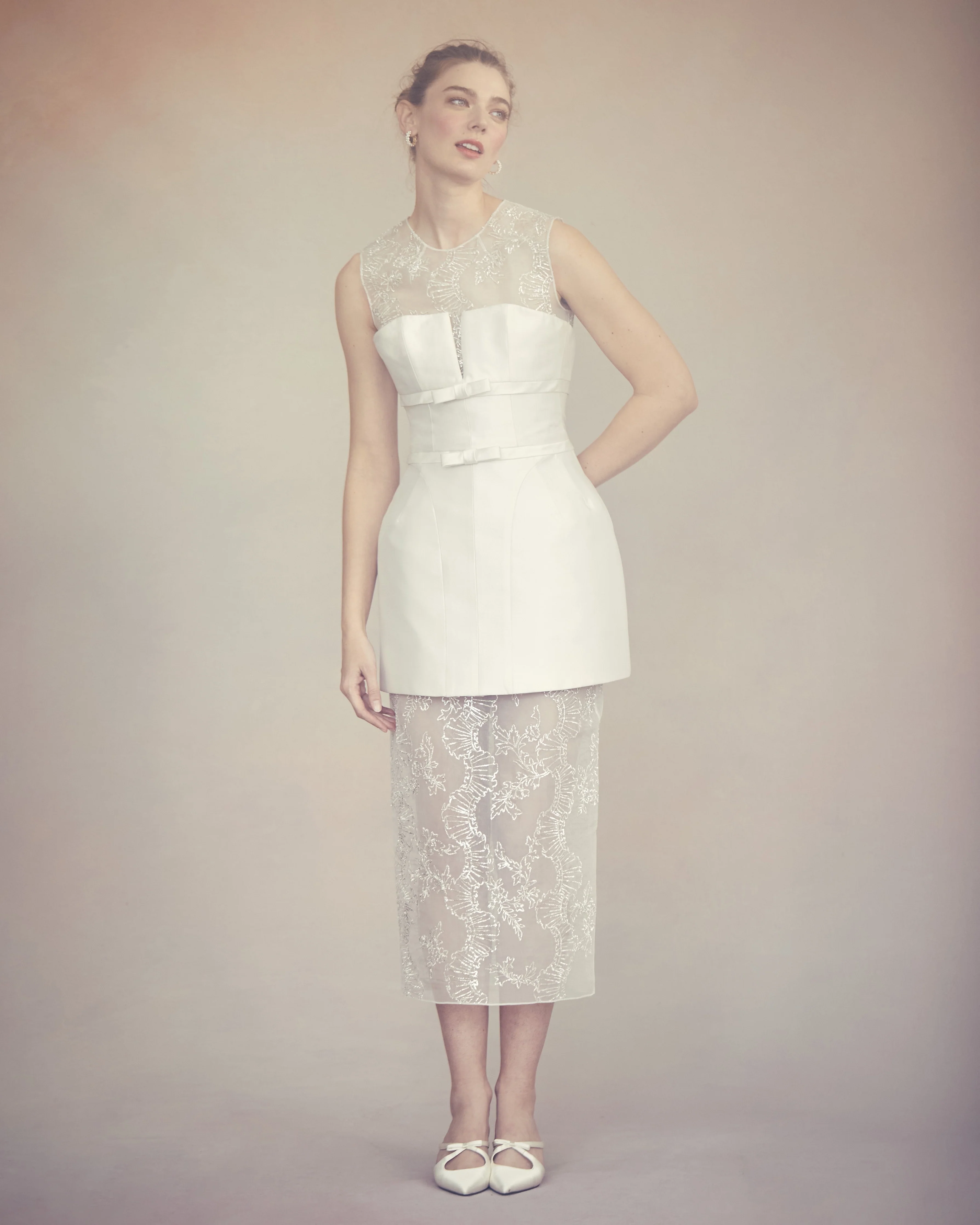 Effie Pencil Skirt in Ivory Organza With Ribbon Embroidery - Image 4