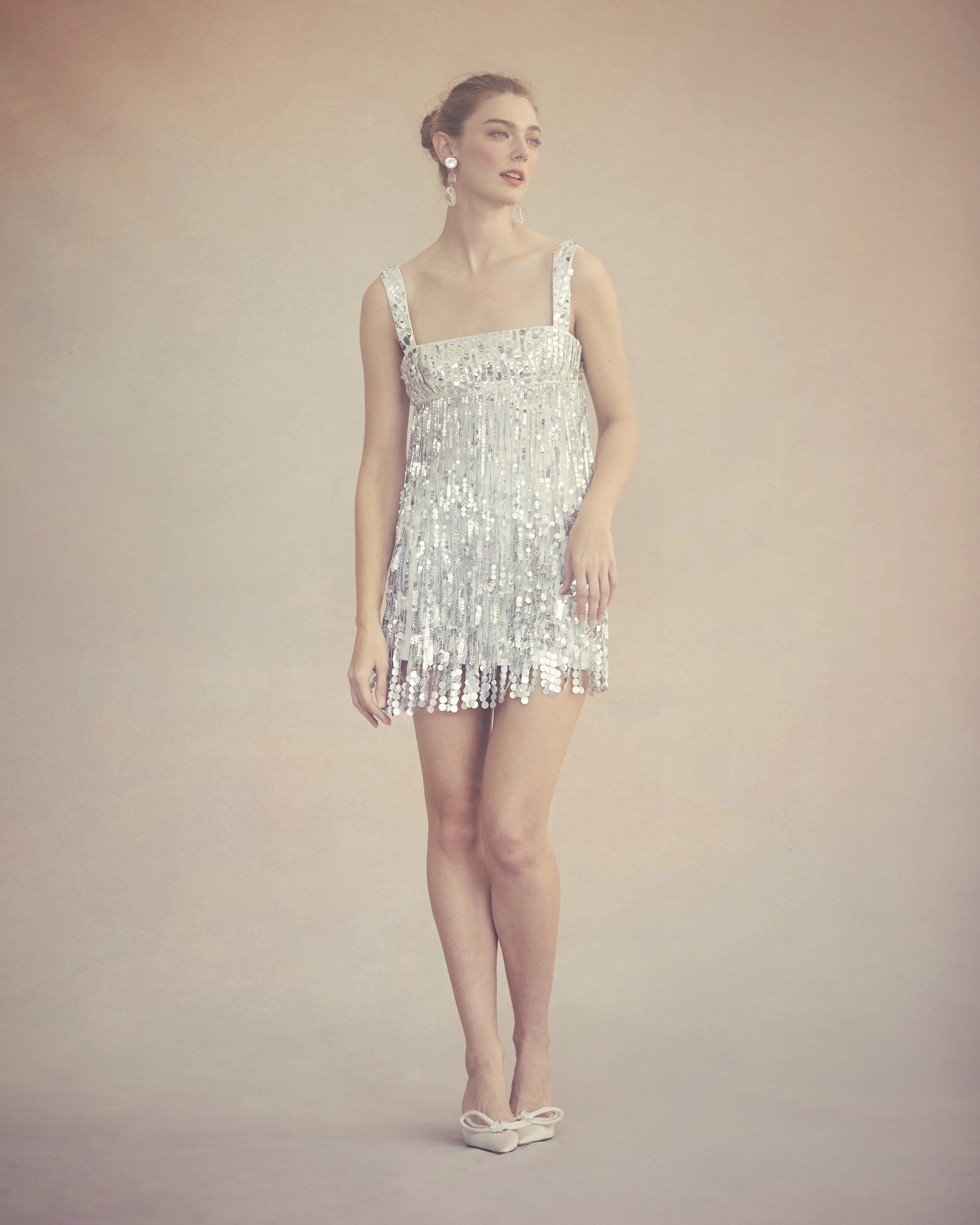 Elsa Dress in Ivory Silk Wool With Silver Fringe - Image 4