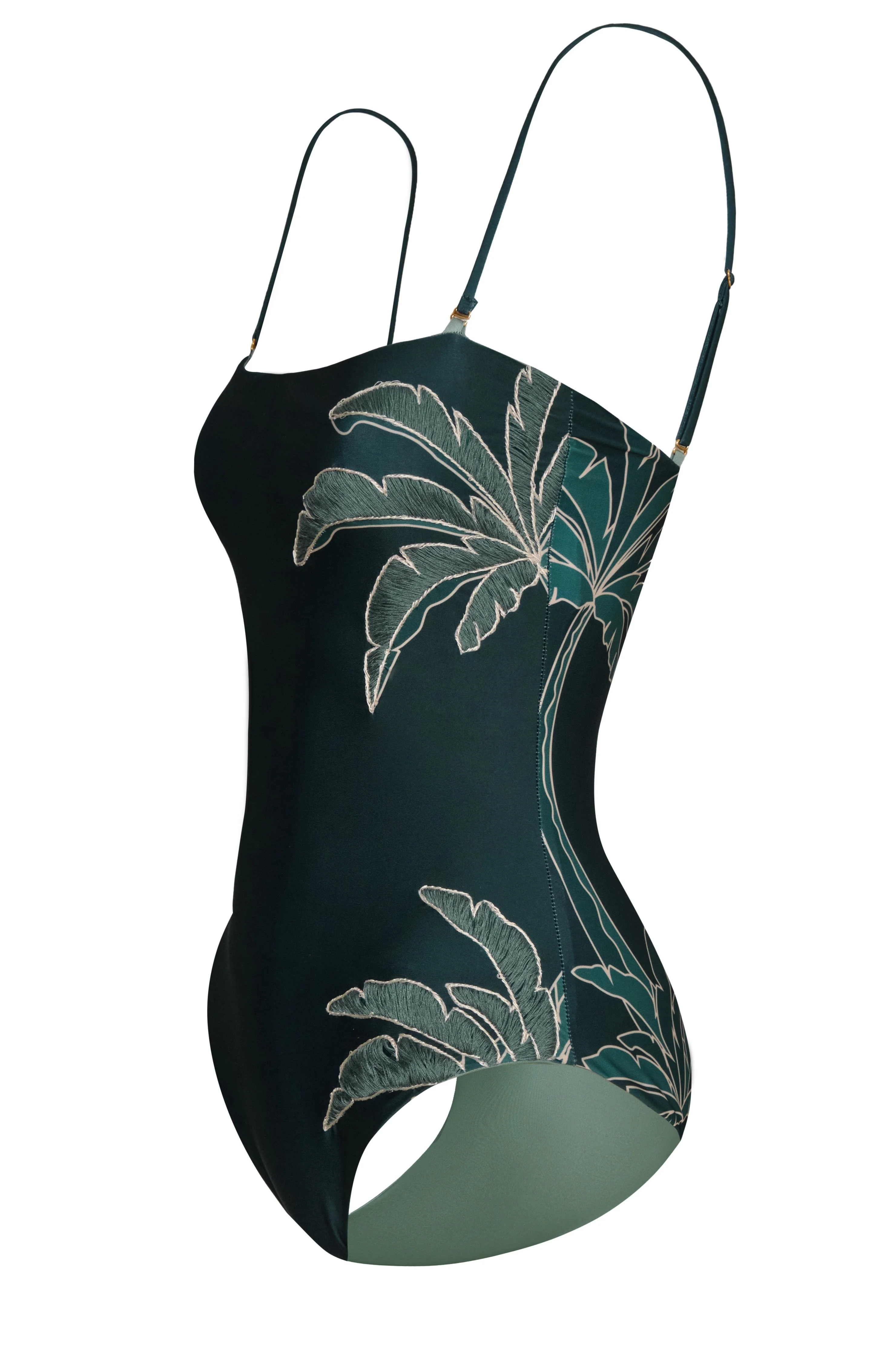 Esteros Hand Embroidered One Piece / Aquamarine Palms - Metallic Mint - Image 6