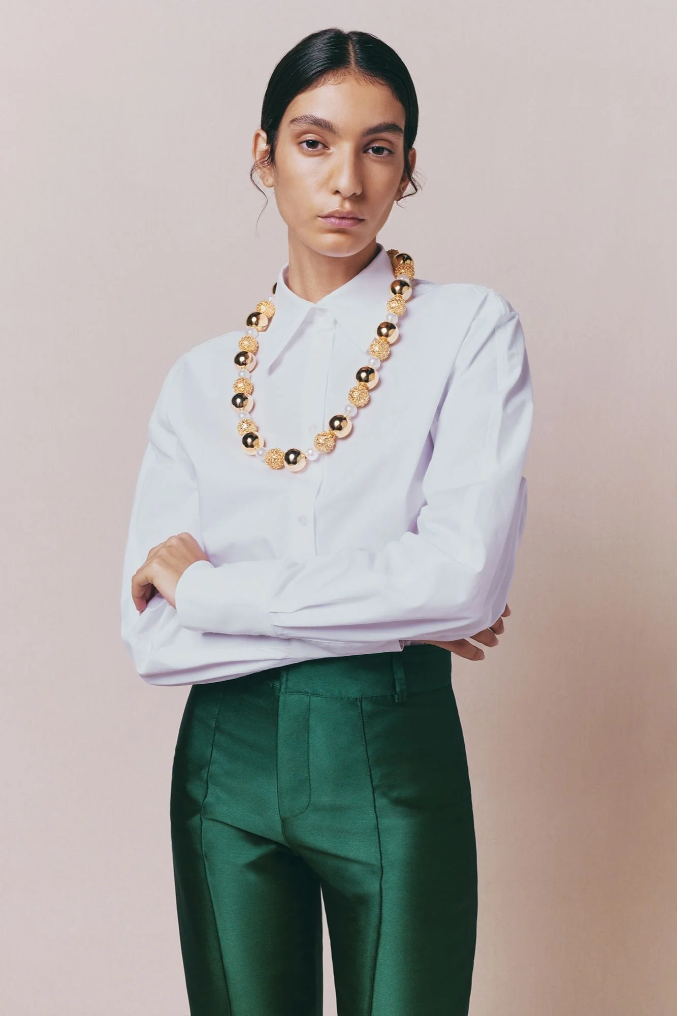 Gold Sculptural Necklace With White Pearl Detail - Image 8