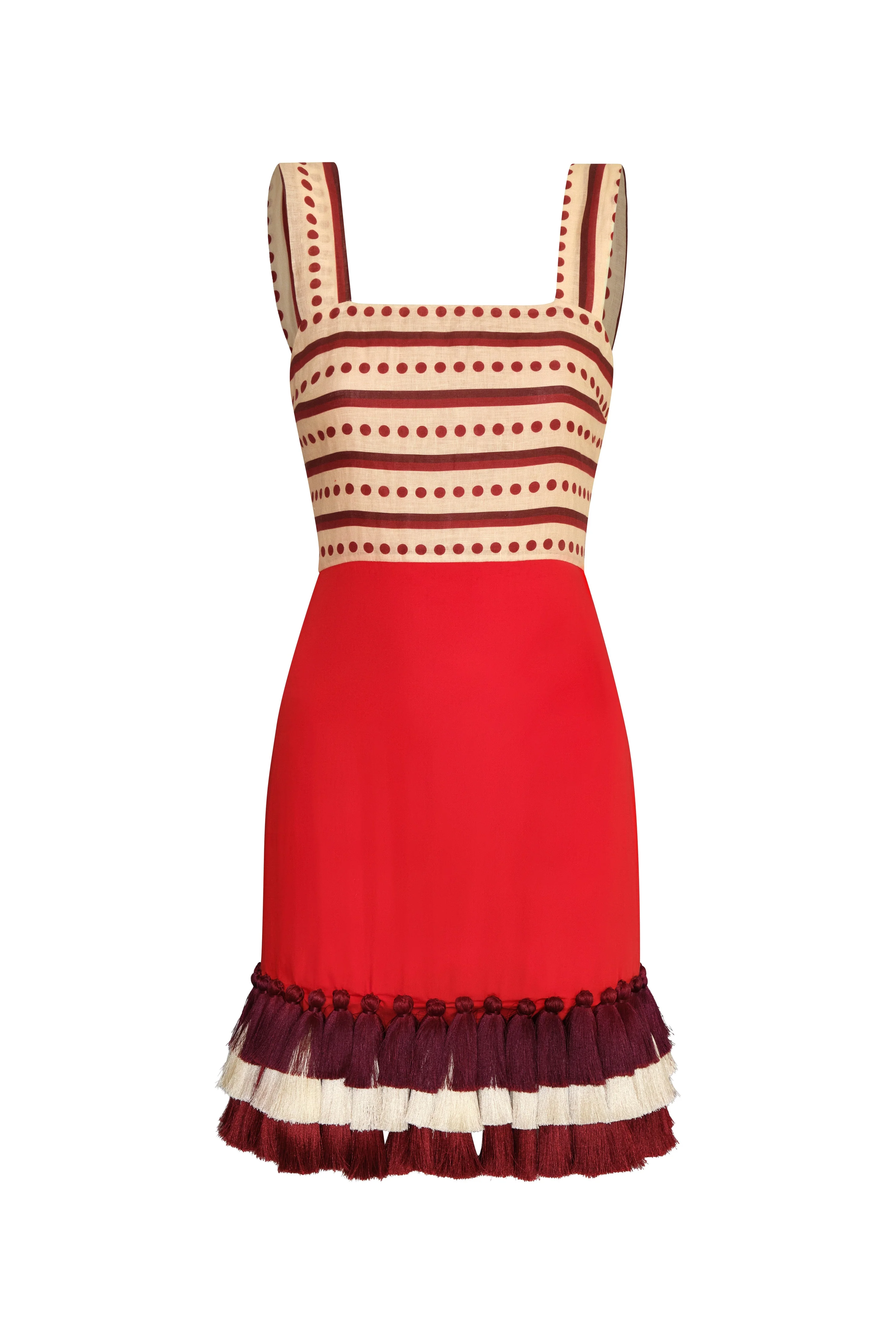 Micaela Linen Mini Dress / Red Stripes & Handmade Wine Tassels - Image 2