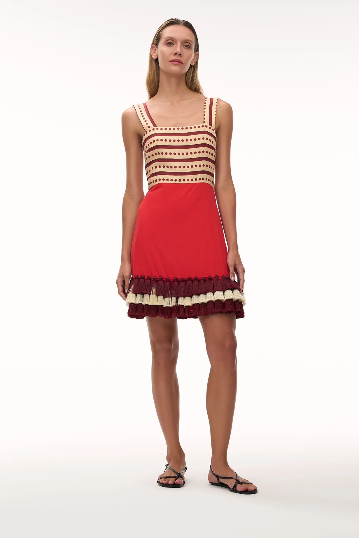 Micaela Linen Mini Dress / Red Stripes & Handmade Wine Tassels - Image 6
