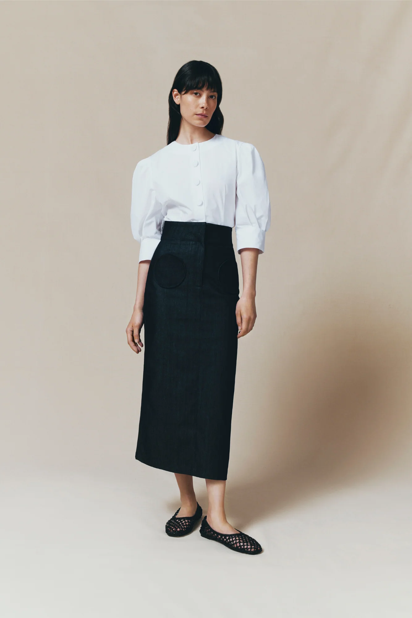 NAVY BLUE Pencil Skirt With Circular Pockets - Image 4