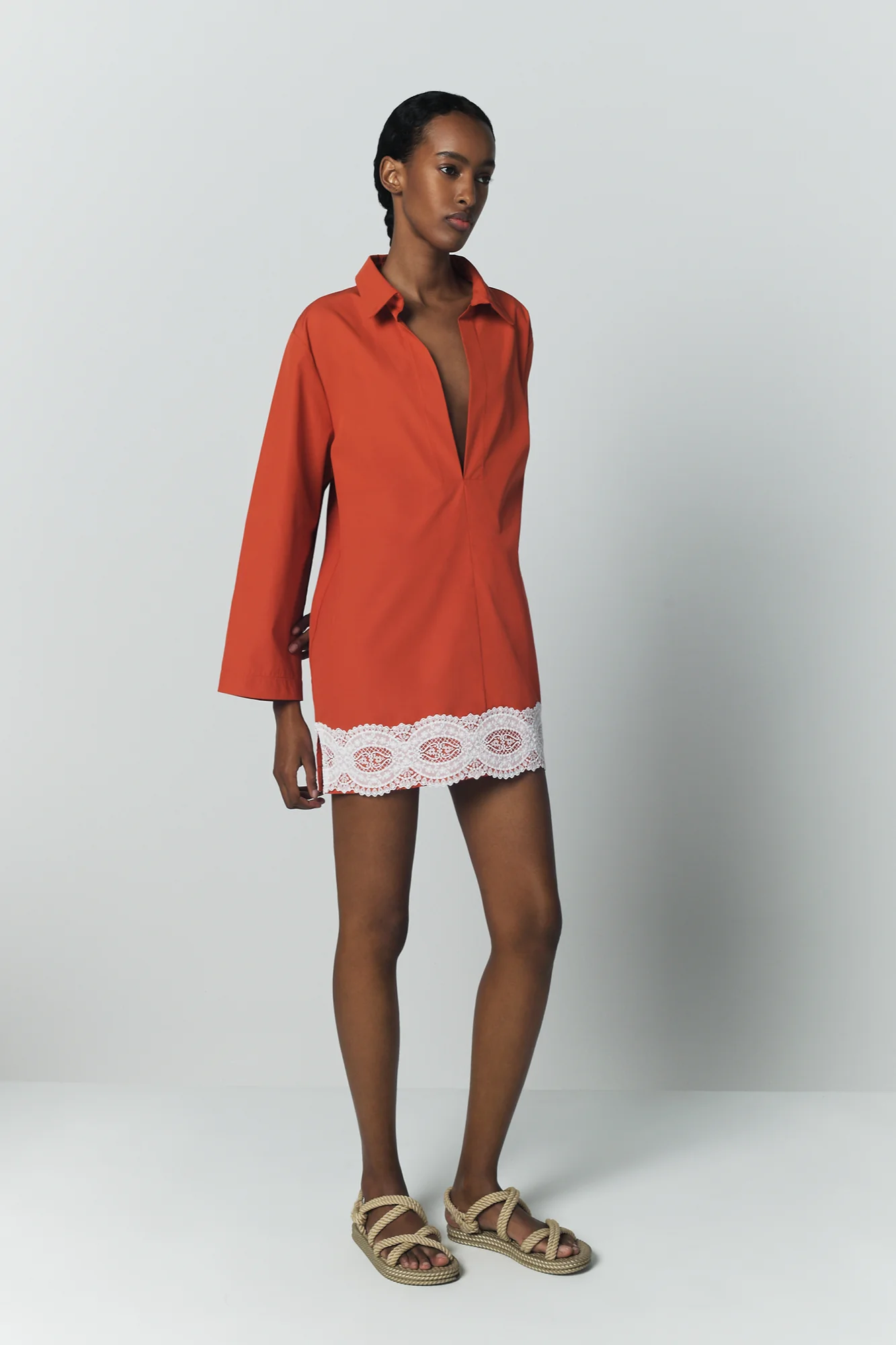 Orange Cotton Tunic Dress With Contrast Lace Trim - Image 8