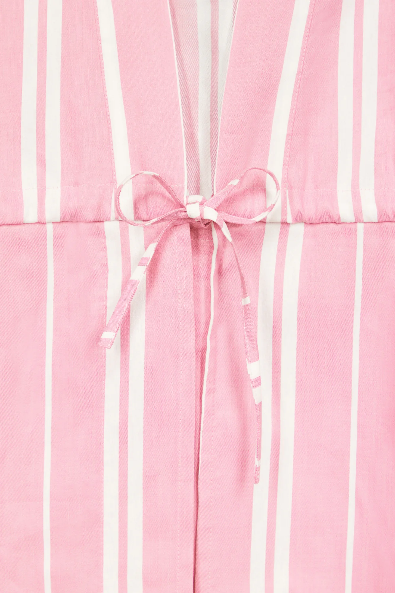 Pink Striped Long Cotton Dress With V-Neck and Tie Waist Detail - Image 6