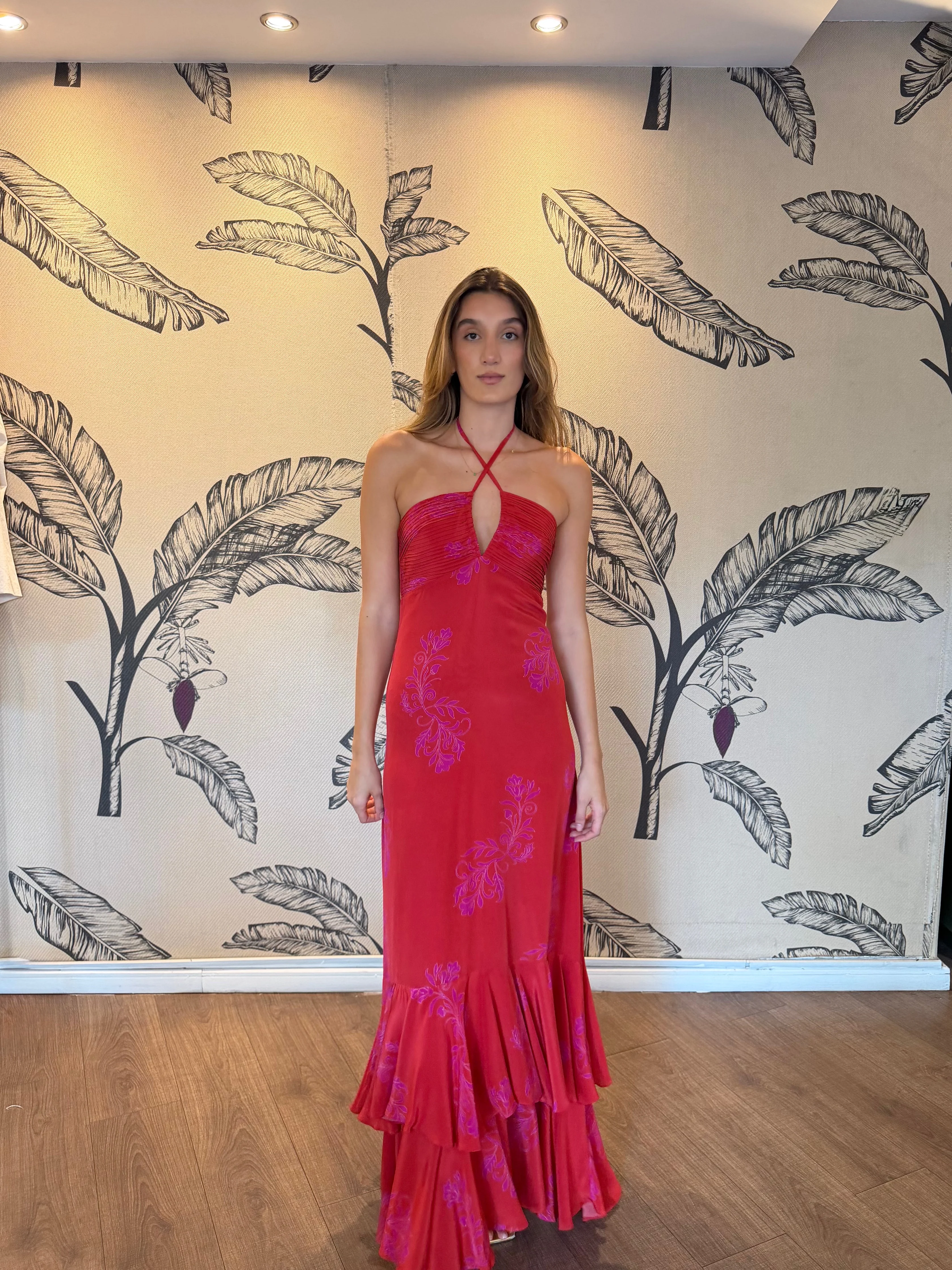 Sevillana Silk Crepe Maxi Dress /  Red & Fuchsia Buganvilias - Image 5