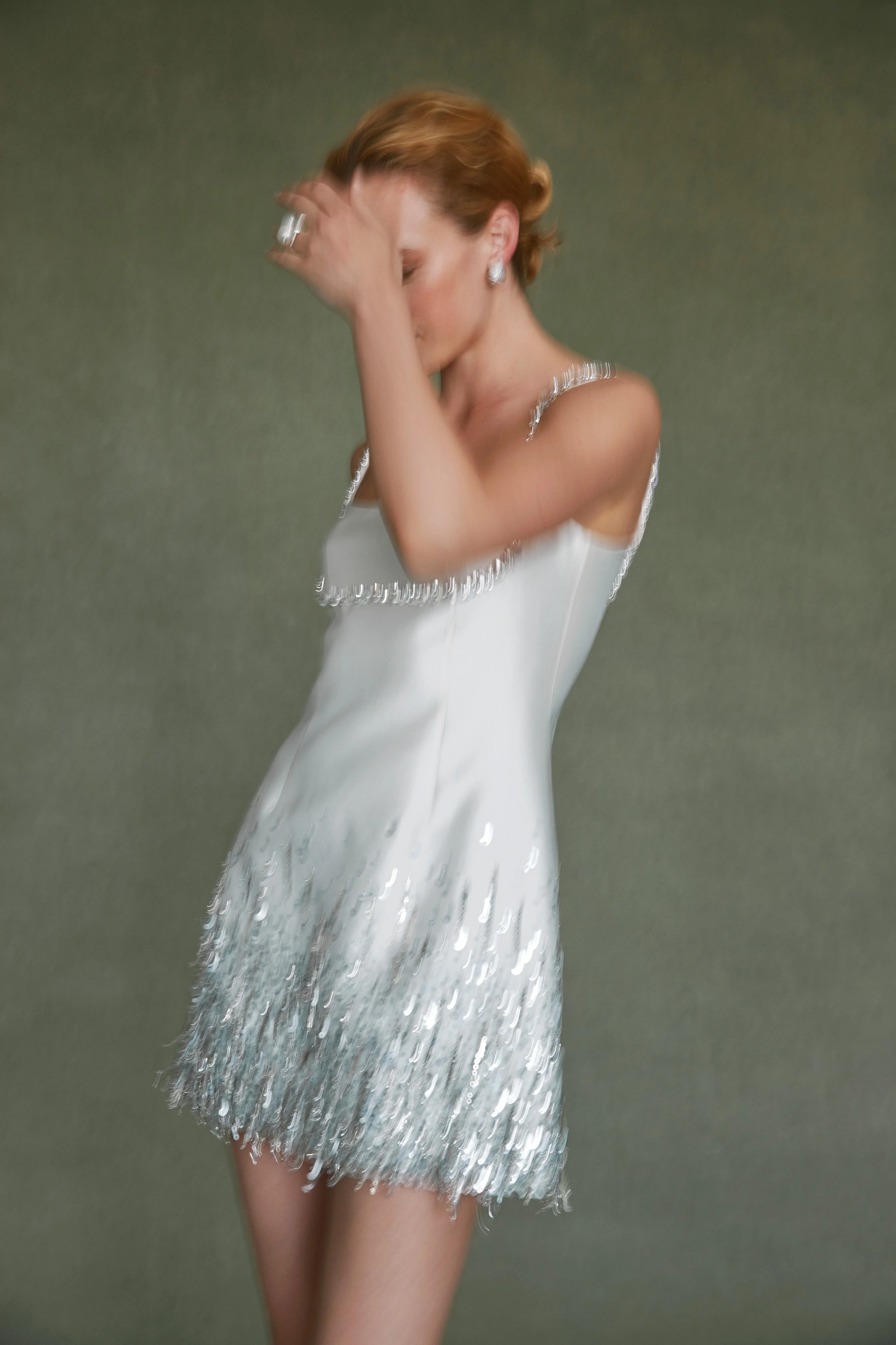 Stella Dress in Ivory Silk Wool With Silver Fringe - Image 6