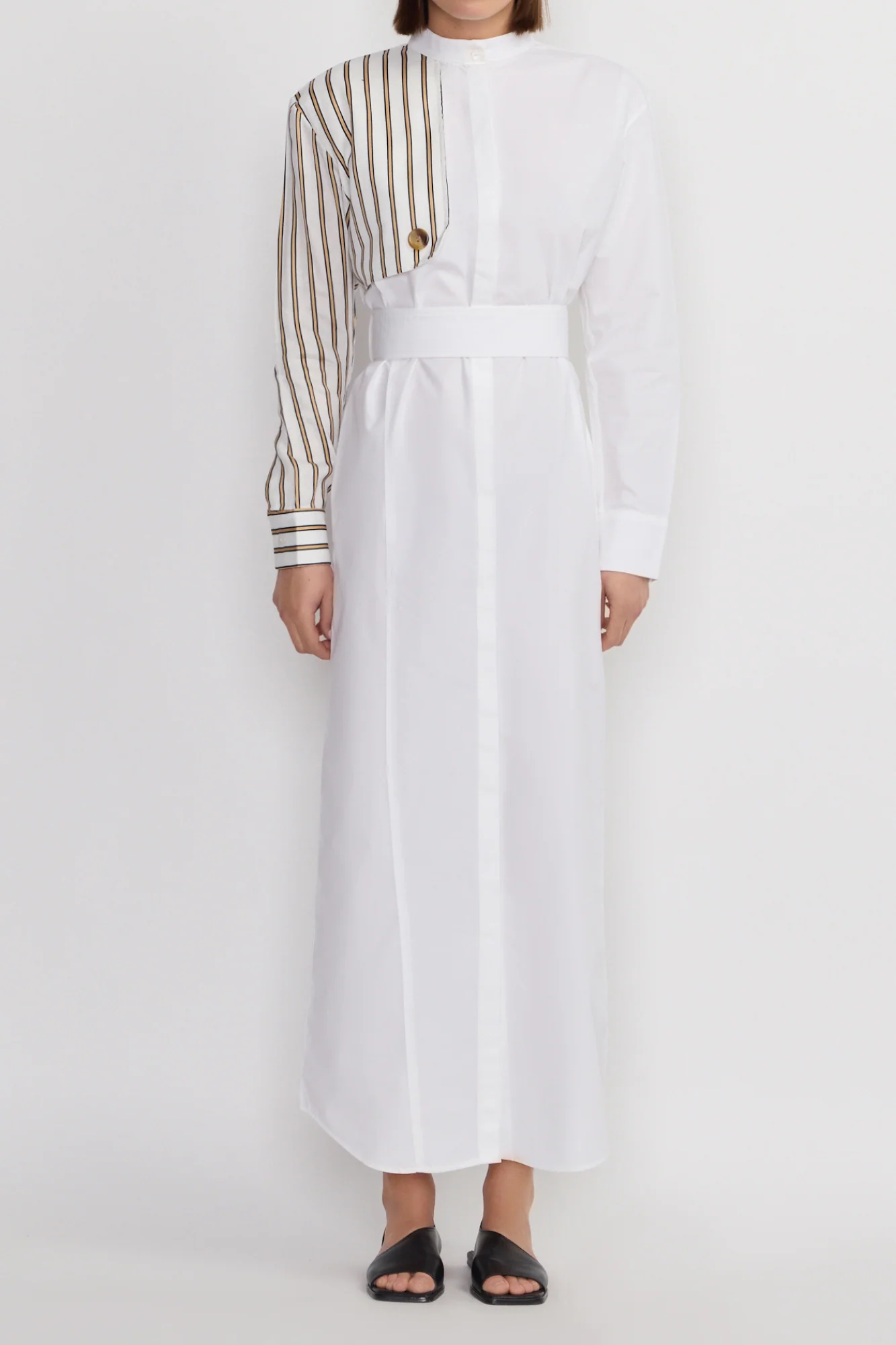 White and Striped Asymmetrical Shirt Dress - Image 4