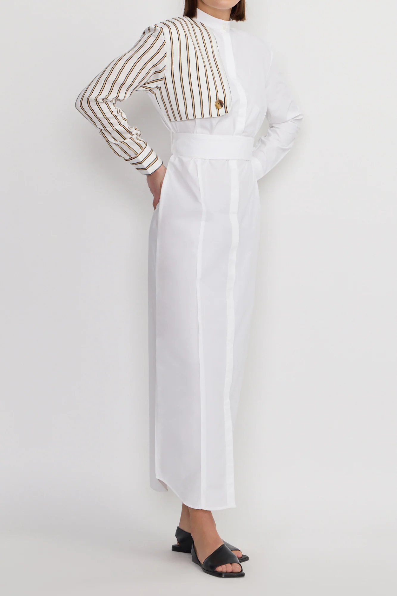 White and Striped Asymmetrical Shirt Dress - Image 5