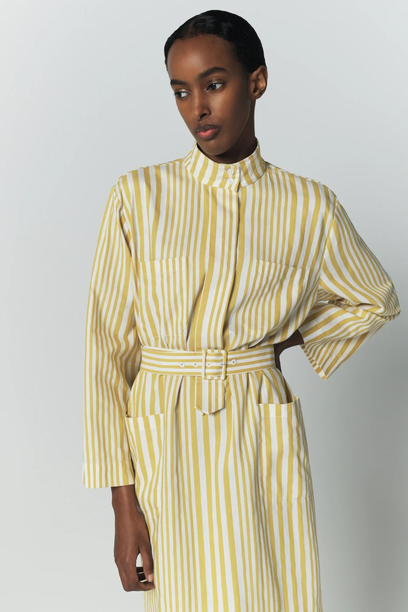 Yellow and White Striped Belted Midi Dress