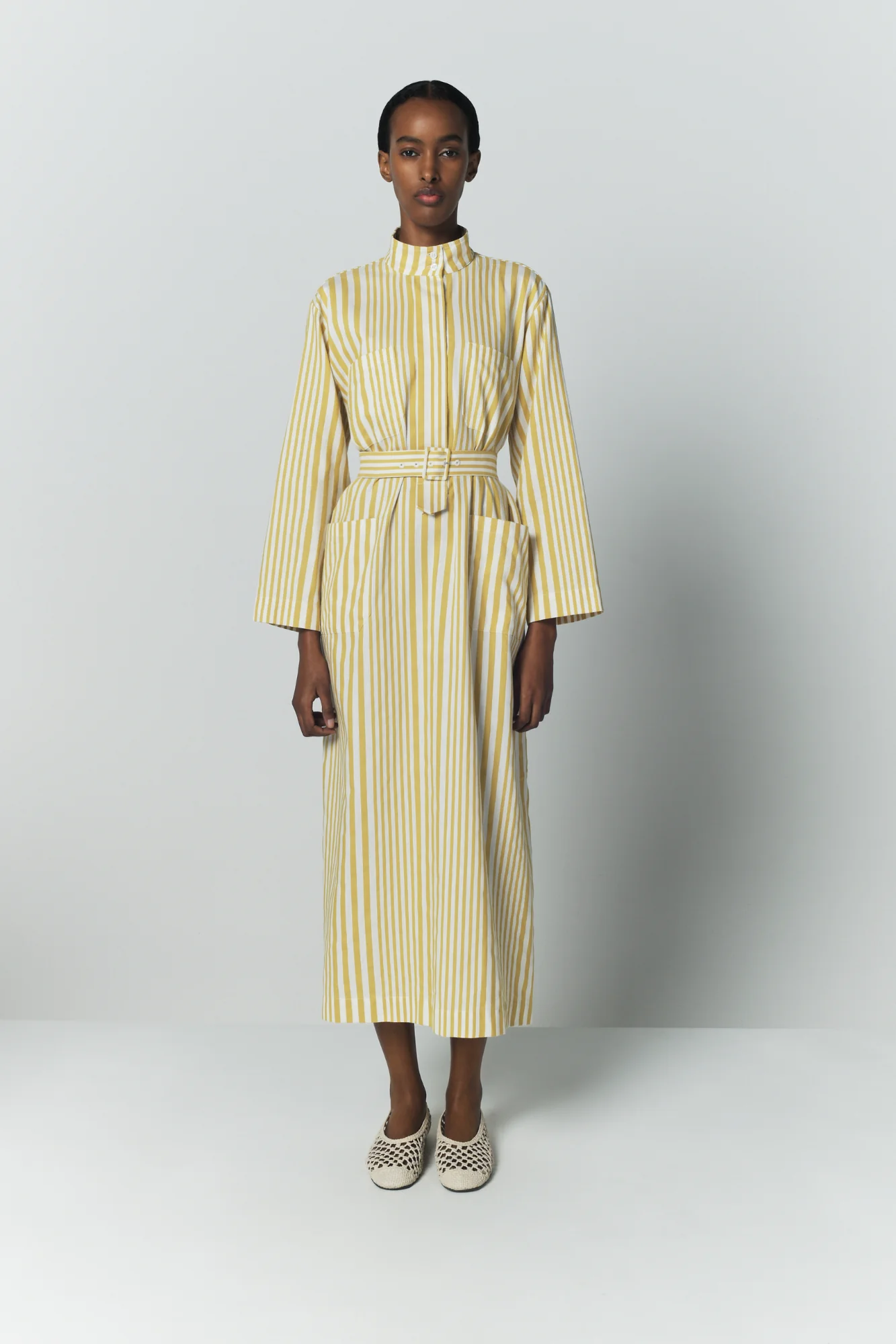 Yellow and White Striped Belted Midi Dress - Image 4