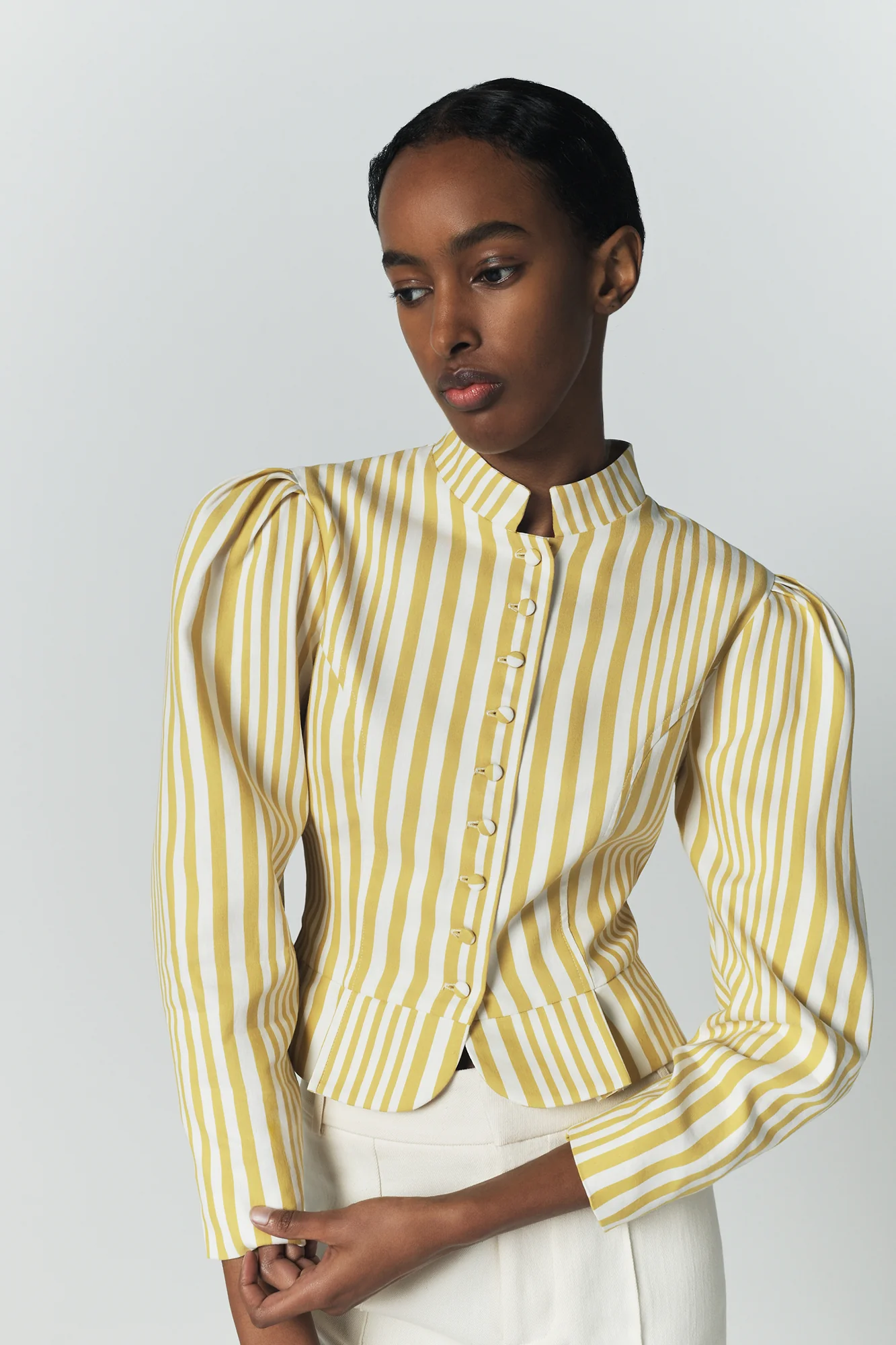 Yellow Striped Puff Sleeve Cotton Jacket - Image 7
